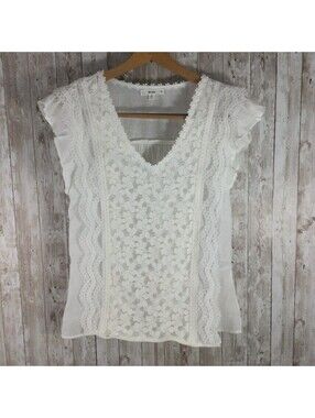 MINE Women Romantic Lace Cap Sleeve Top sz M White V Neck boho cottagecore NICE